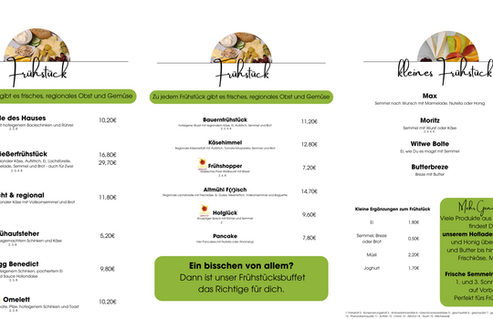 Speisekarte Frühstück Bergschreinerhof