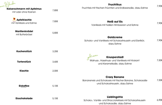 Nachspeisenkarte Bergschreinerhof